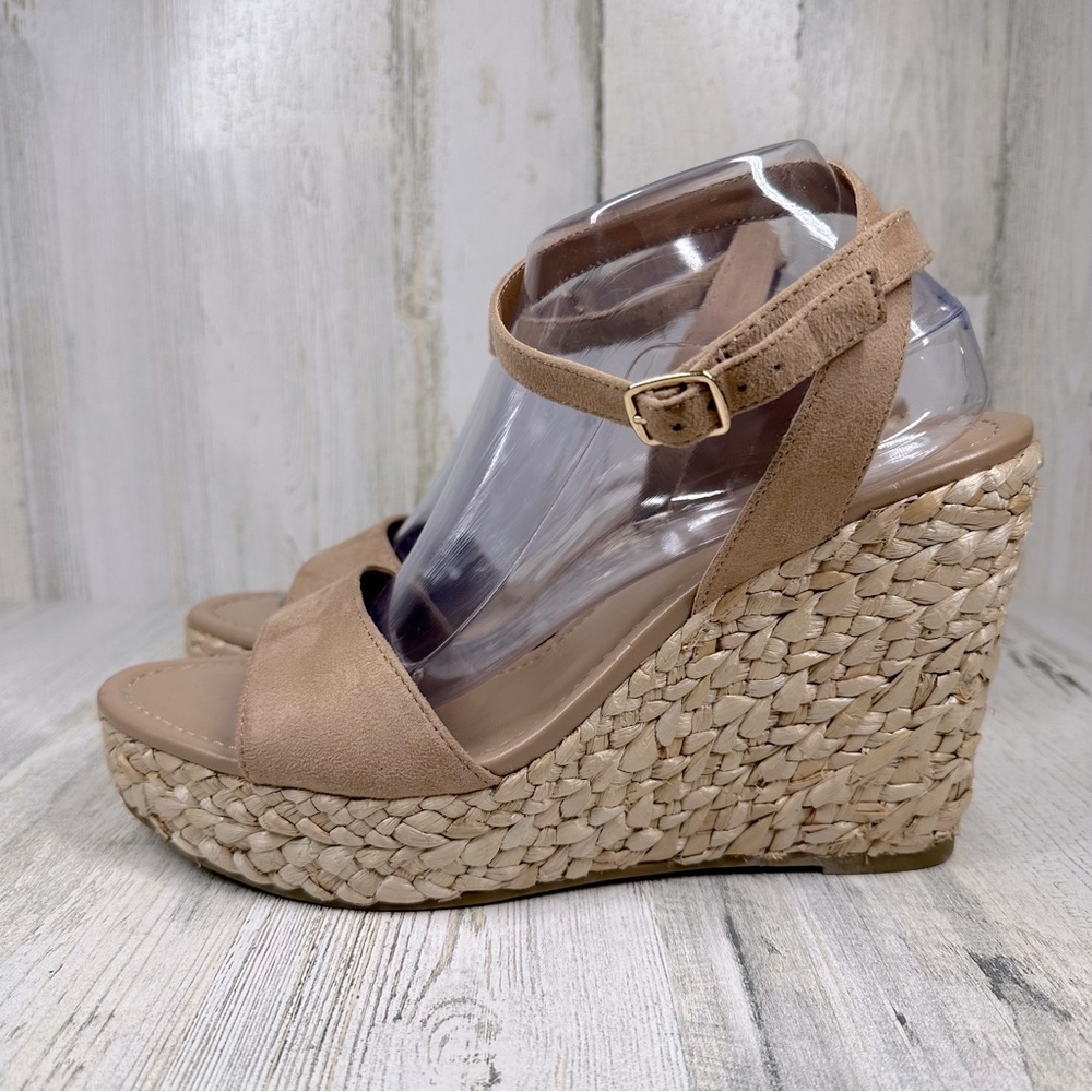 New BP. Women Beige Faux Suede Ginny‎ Wedge Ankle Strap Espadrille Sandals #491